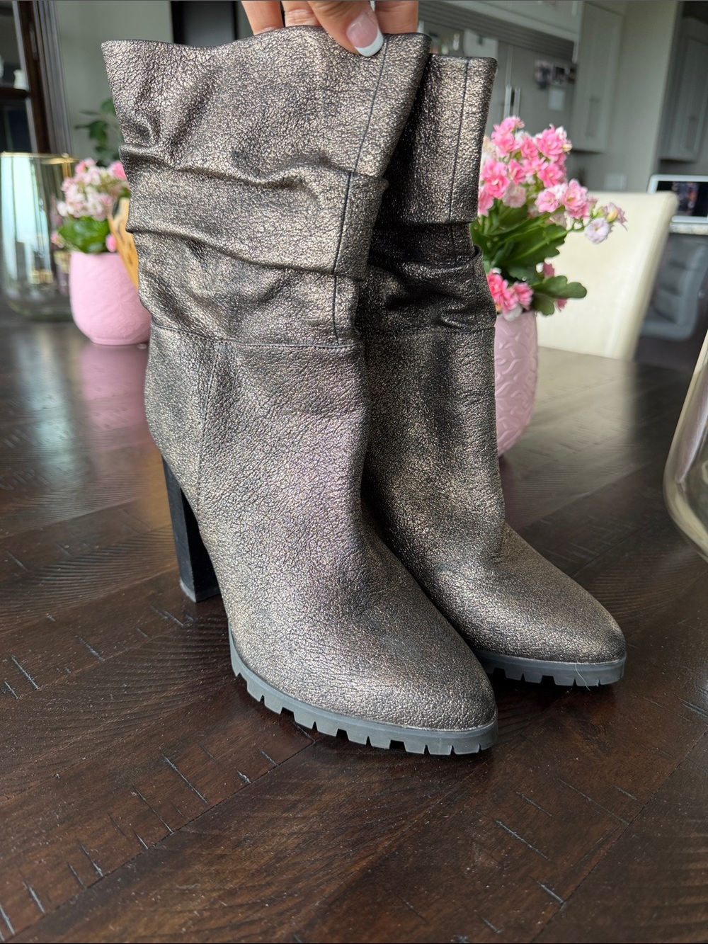 Metallic Taupe Slouch Heeled Boots